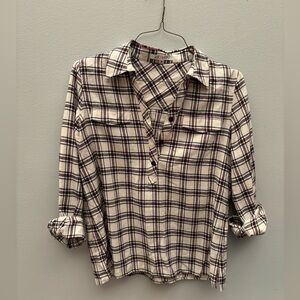 Red and Navy plaid Joy Joy half button-up blouse